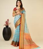 Sky Blue Woven Kota Doria Cotton Silk saree With Blouse Piece