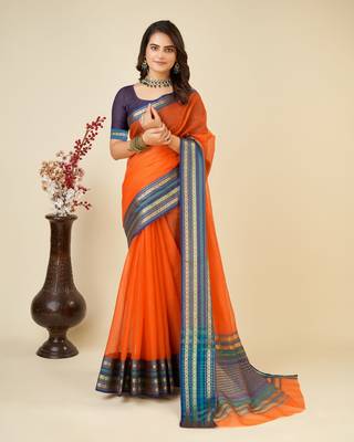 Dark Orange Woven Kota Doria Cotton Silk saree With Blouse Piece 1
