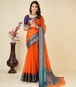 Dark Orange Woven Kota Doria Cotton Silk saree With Blouse Piece