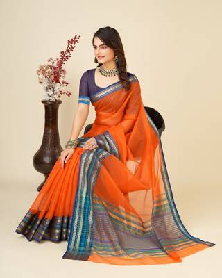 Dark Orange Woven Kota Doria Cotton Silk saree With Blouse Piece 2