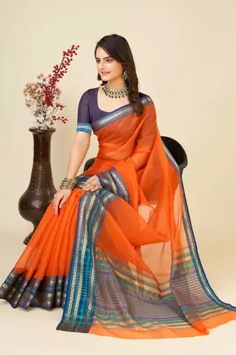 Dark Orange Woven Kota Doria Cotton Silk saree With Blouse Piece