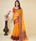 Light Orange Woven Kota Doria Cotton Silk saree With Blouse Piece