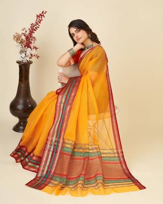 Light Orange Woven Kota Doria Cotton Silk saree With Blouse Piece 2