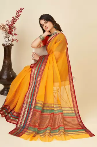 Light Orange Woven Kota Doria Cotton Silk saree With Blouse Piece