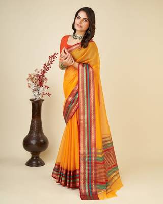Light Orange Woven Kota Doria Cotton Silk saree With Blouse Piece 3