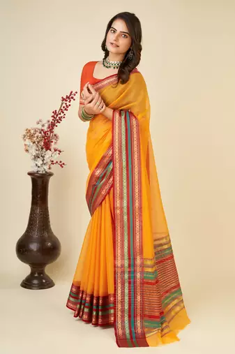 Light Orange Woven Kota Doria Cotton Silk saree With Blouse Piece