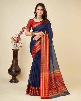 Navy Blue Woven Kota Doria Cotton Silk saree With Blouse Piece 1