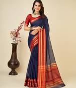 Navy Blue Woven Kota Doria Cotton Silk saree With Blouse Piece