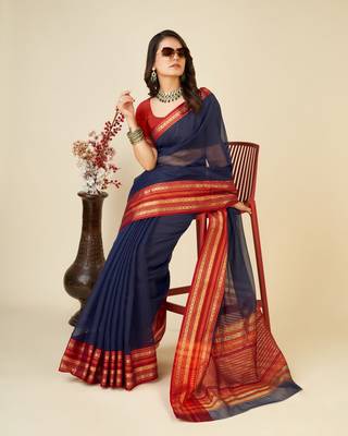 Navy Blue Woven Kota Doria Cotton Silk saree With Blouse Piece 2