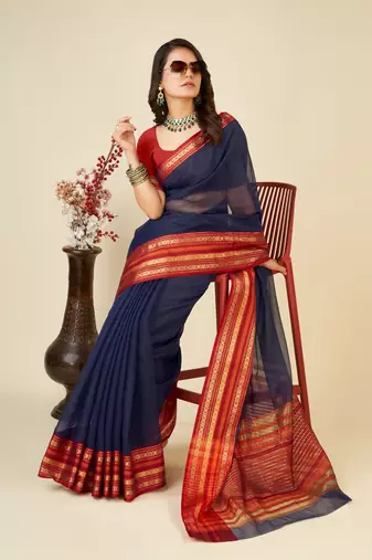 Navy Blue Woven Kota Doria Cotton Silk saree With Blouse Piece