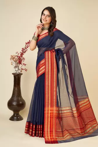 Navy Blue Woven Kota Doria Cotton Silk saree With Blouse Piece