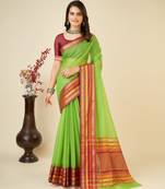 Parrot Green Woven Kota Doria Cotton Silk saree With Blouse Piece