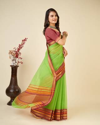 Parrot Green Woven Kota Doria Cotton Silk saree With Blouse Piece 3