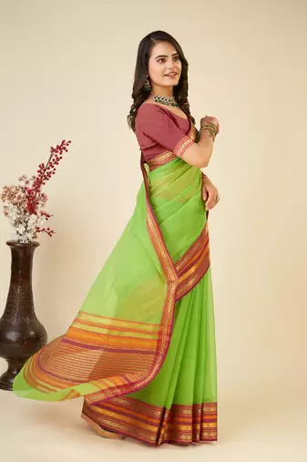 Parrot Green Woven Kota Doria Cotton Silk saree With Blouse Piece