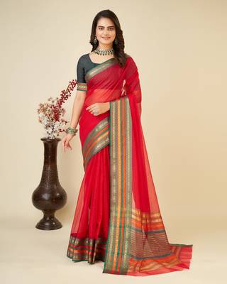 Red Woven Kota Doria Cotton Silk saree With Blouse Piece 1