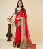 Red Woven Kota Doria Cotton Silk saree With Blouse Piece
