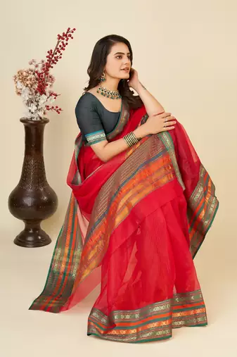 Red Woven Kota Doria Cotton Silk saree With Blouse Piece