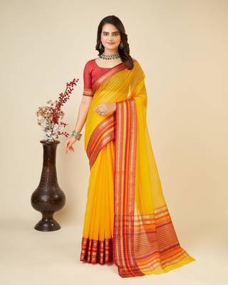 Yellow Woven Kota Doria Cotton Silk saree With Blouse Piece 1