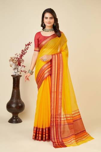 Yellow Woven Kota Doria Cotton Silk saree With Blouse Piece