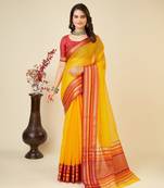 Yellow Woven Kota Doria Cotton Silk saree With Blouse Piece