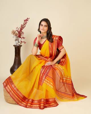 Yellow Woven Kota Doria Cotton Silk saree With Blouse Piece 2