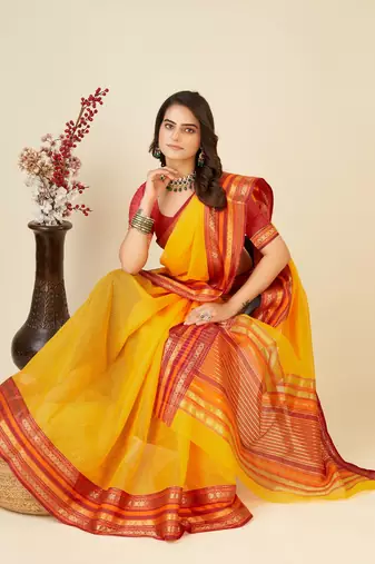Yellow Woven Kota Doria Cotton Silk saree With Blouse Piece