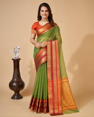 Mehendi Woven Kota Doria Cotton Silk saree With Blouse Piece 1