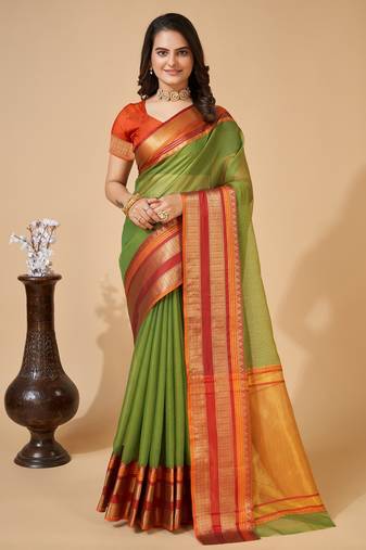 Mehendi Woven Kota Doria Cotton Silk saree With Blouse Piece