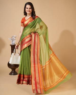 Mehendi Woven Kota Doria Cotton Silk saree With Blouse Piece 2