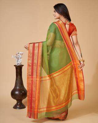 Mehendi Woven Kota Doria Cotton Silk saree With Blouse Piece 3
