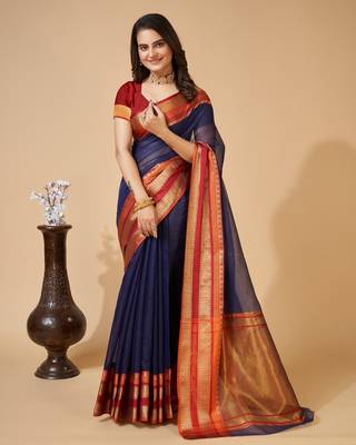 Navy Blue Woven Kota Doria Cotton Silk saree With Blouse Piece 1