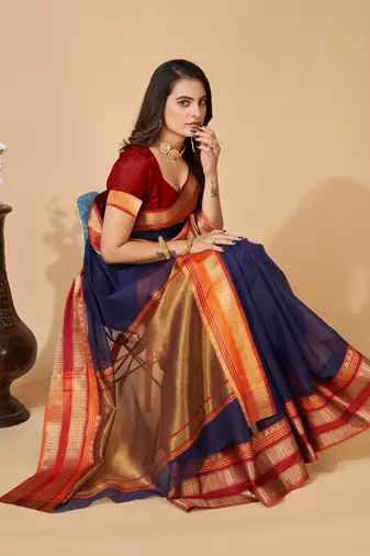 Navy Blue Woven Kota Doria Cotton Silk saree With Blouse Piece