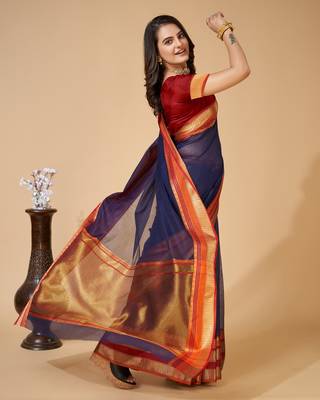 Navy Blue Woven Kota Doria Cotton Silk saree With Blouse Piece 3