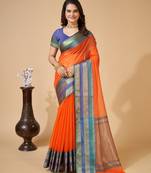 Orange Woven Kota Doria Cotton Silk saree With Blouse Piece