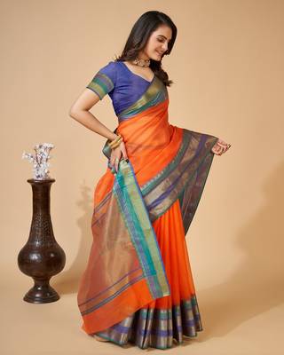 Orange Woven Kota Doria Cotton Silk saree With Blouse Piece 2