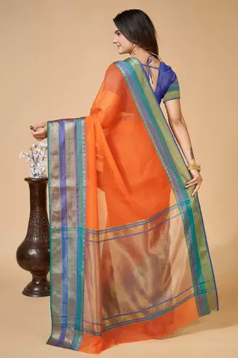 Orange Woven Kota Doria Cotton Silk saree With Blouse Piece