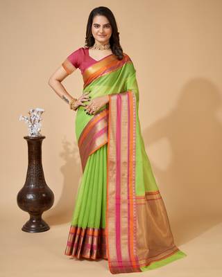 Parrot Green Woven Kota Doria Cotton Silk saree With Blouse Piece 1
