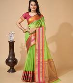 Parrot Green Woven Kota Doria Cotton Silk saree With Blouse Piece