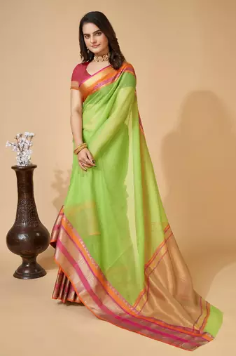 Parrot Green Woven Kota Doria Cotton Silk saree With Blouse Piece