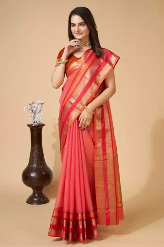 Peach Woven Kota Doria Cotton Silk saree With Blouse Piece