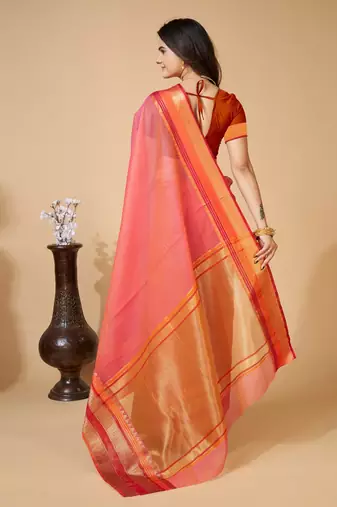 Peach Woven Kota Doria Cotton Silk saree With Blouse Piece