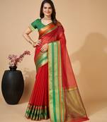 Red Woven Kota Doria Cotton Silk saree With Blouse Piece