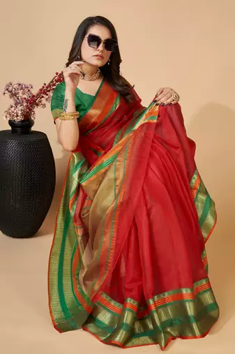 Red Woven Kota Doria Cotton Silk saree With Blouse Piece