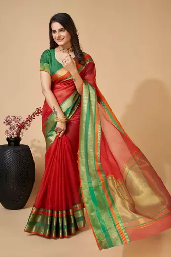 Red Woven Kota Doria Cotton Silk saree With Blouse Piece