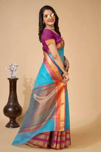 Sky Blue Woven Kota Doria Cotton Silk saree With Blouse Piece
