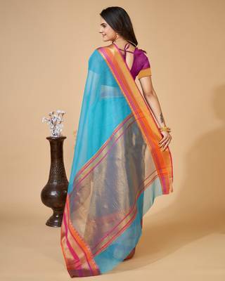 Sky Blue Woven Kota Doria Cotton Silk saree With Blouse Piece 3