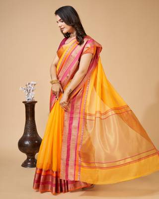 Yellow Woven Kota Doria Cotton Silk saree With Blouse Piece 3