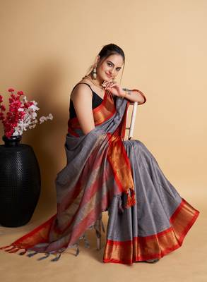 Grey Woven Mysore Silk Uppada saree With Blouse Piece 2