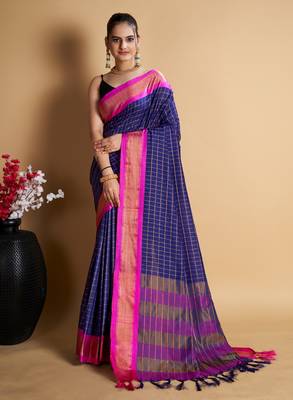 Navy Blue Woven Mysore Silk Uppada saree With Blouse Piece 1