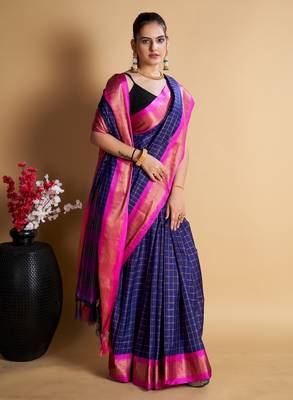 Navy Blue Woven Mysore Silk Uppada saree With Blouse Piece 3
